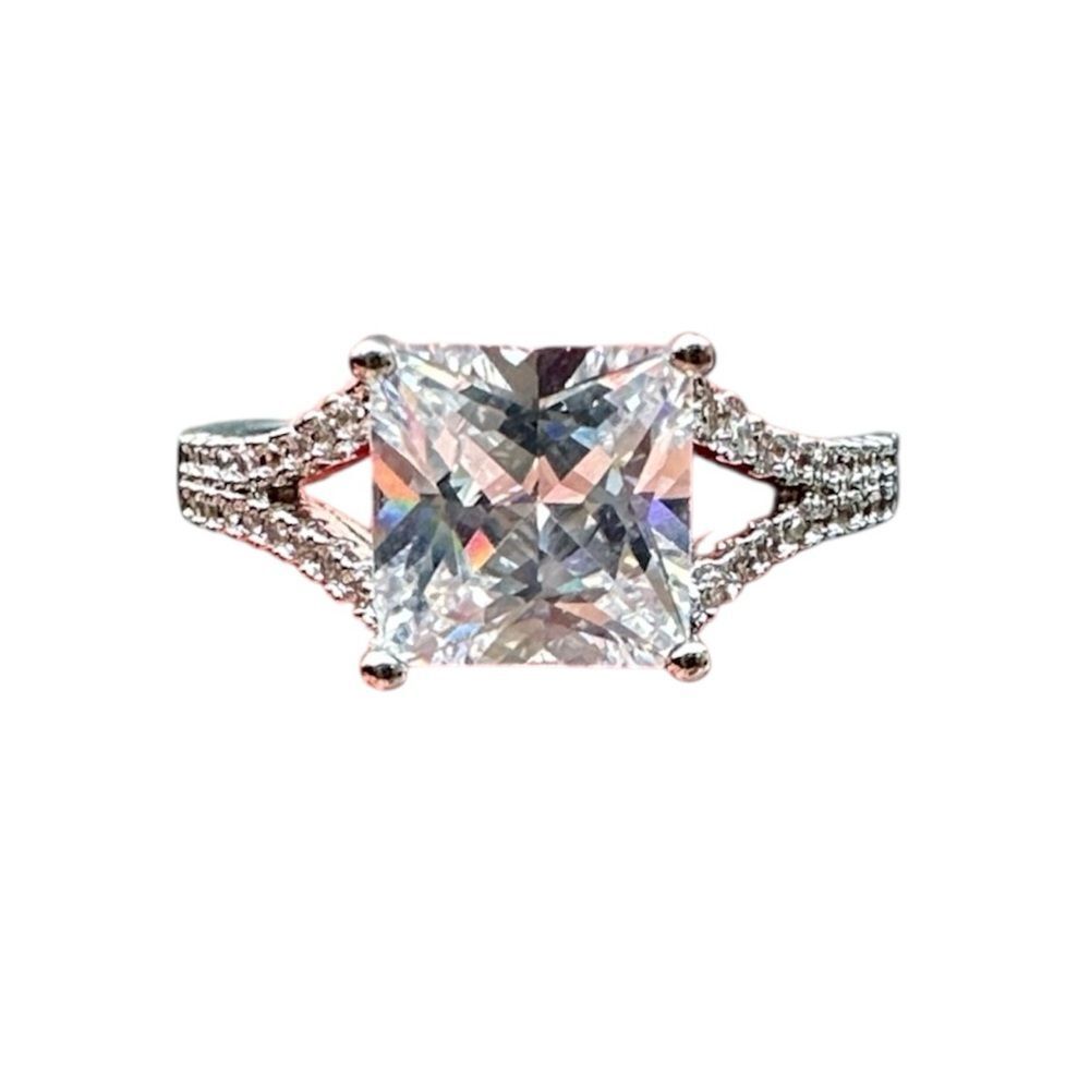 NWB Square Cut Cubic Zirconia Ring White Gold Plated Bridal Engagement Style 8